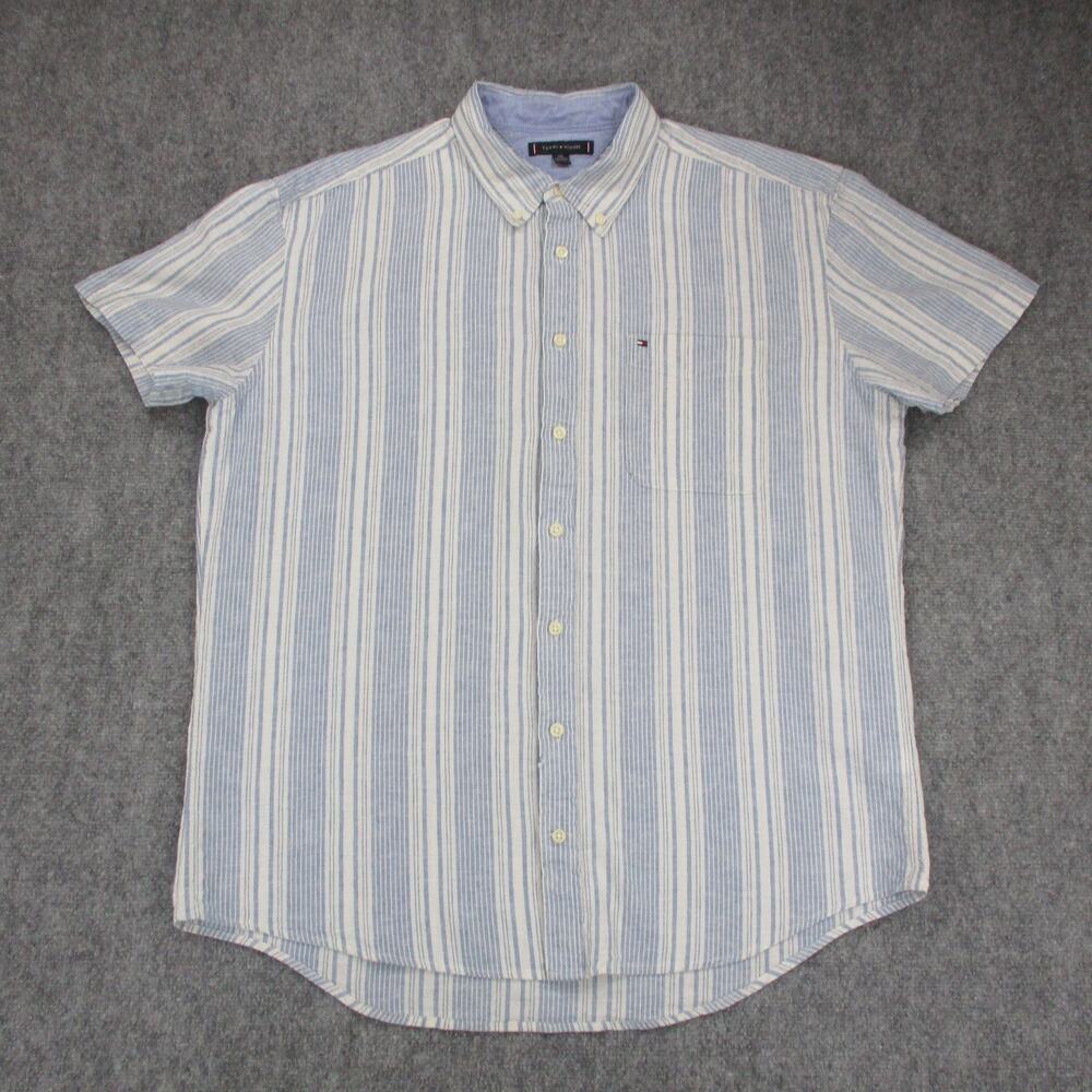 Tommy Hilfiger Shirt Mens 2XL Blue White Striped Linen Blend Short Sleeve Button